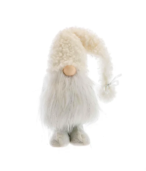 Pour compléter vos extérieurs:Gnome en tissu à bonnet long en laine bouillie blanc et pompon - 14 x 12 x 54 cm