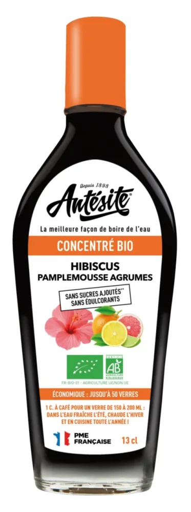 Côté végétal：Concentré bio Hibiscus Pamplemousse Agrumes Antésite - Bouteille de sirop de 13 cl