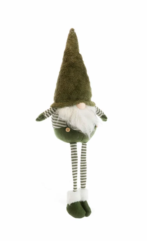 Conçu pour le jardin:Gnome assis en tissu avec bonnet vert sapin et pull rayé - 22 x 14 x 63 cm