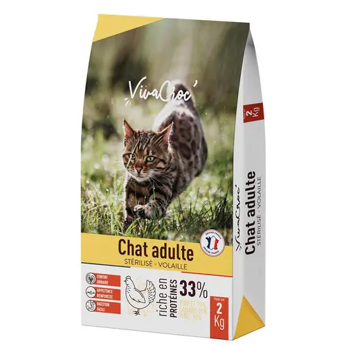 Une touche pratique au jardin：Croquettes pour chat adulte stérilisé au poulet VivaCroc – 2 kg