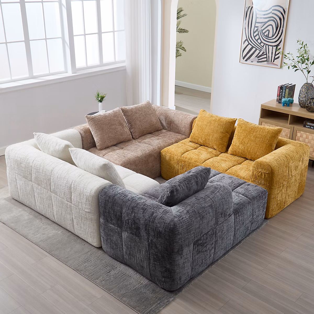 Canapé d'Angle 3 Places en Chenille – Méridienne à Gauche avec Accoudoirs et Poche Latérale, 3 Coussins Inclus, Couleur Kaki