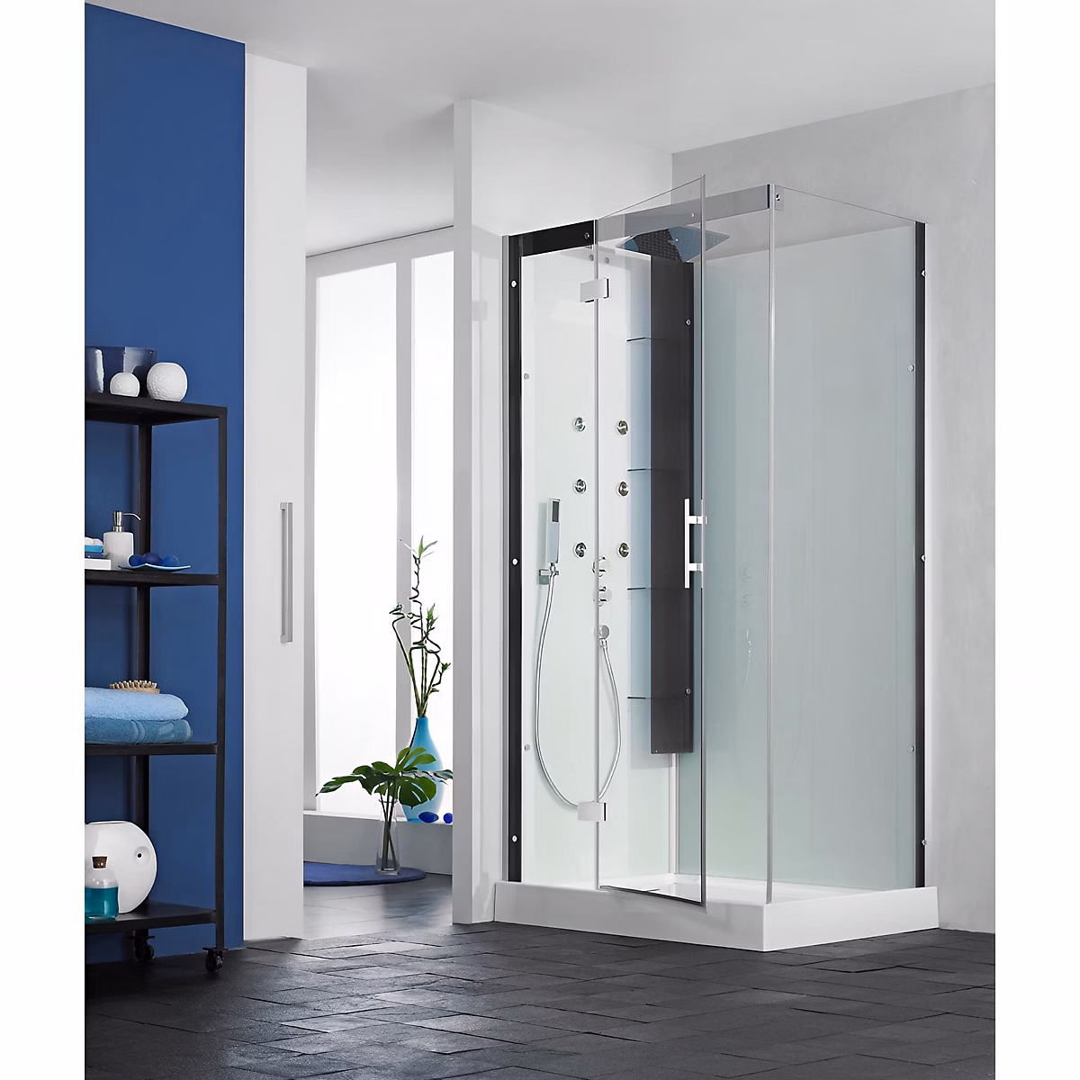 Cabine de douche hydromassante KINEDO HORIZON 110 × 100 hauteur receveur 17 – 5cm 1 coulissant finition perle noire