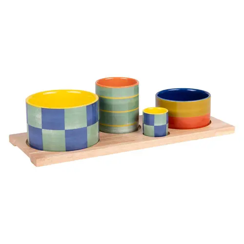 Style pour le jardin:Service apéritif rectangulaire en porcelaine colorée Capri - les 4 pièces