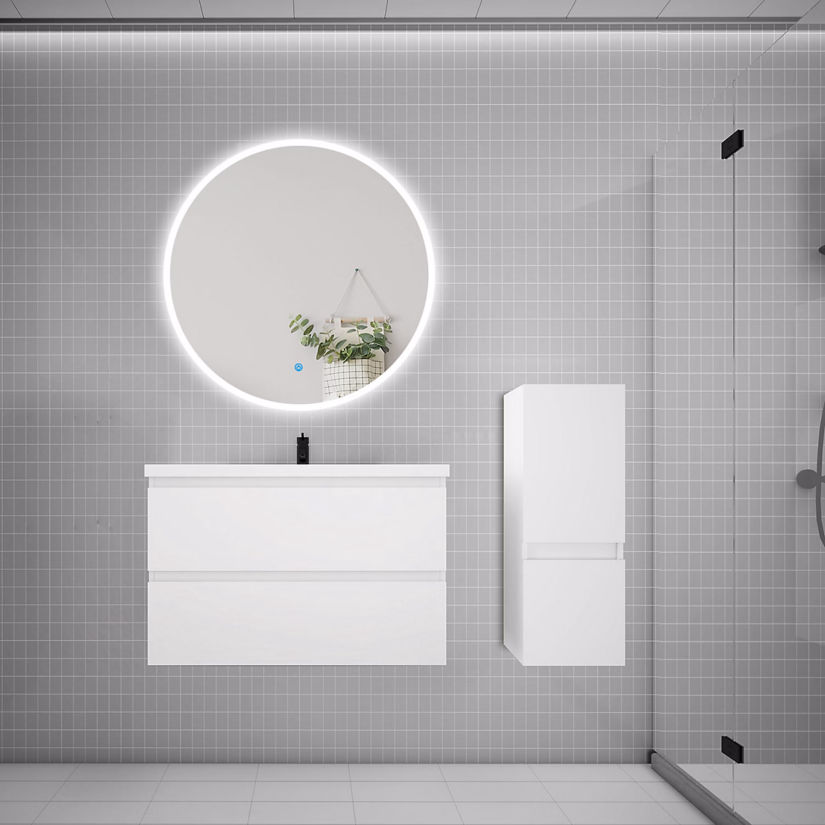 Ensemble meuble vasque L.80cm 2 tiroirs + lavabo + LED miroir rond 90cm + colonne – blanc