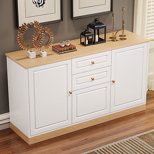Buffet moderne 135 | 5 × 39 × 76 cm – 3 portes et 2 tiroirs – Large plateau – Étagères réglables – Blanc+naturel
