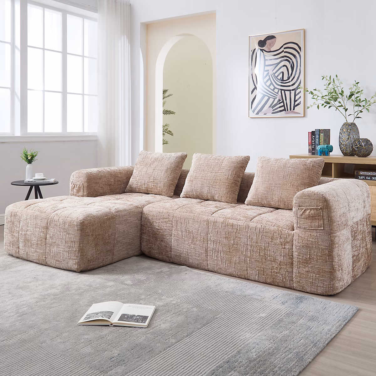Canapé d'angle modulable 3 places 250 × 158 × 60 cm avec chaiselongue en chenille kaki – sans montage