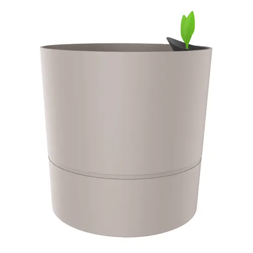 Pour donner du style à l’extérieur：Pot rond en plastique à réserve d'eau coloris grège Poetic Aquaduo XL - Ø 39,5 x H 39,5 cm