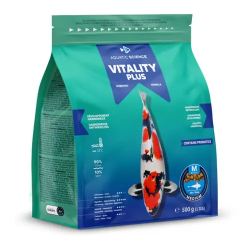 Sélection extérieure：Nourriture complète et nutritive pour koïs de minimum 15 cm de long Aquatic Science Vitality Plus - Taille M sac de 0,5 kg