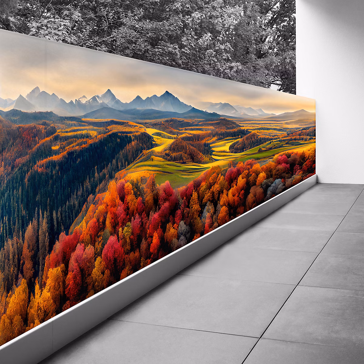 Brise vue Trompe l'oeil – 130 × 358 cm | Paysage montagnes 3617689693088