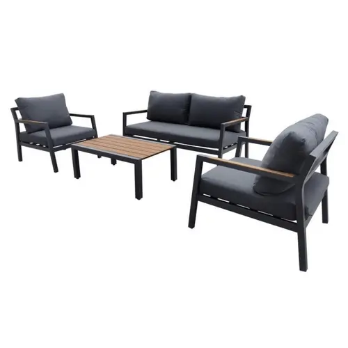 Une idée pratique pour l’extérieur:Salon de jardin en aluminium coloris anthracite Games - 4 éléments (canapé, table basse et deux fauteuils)