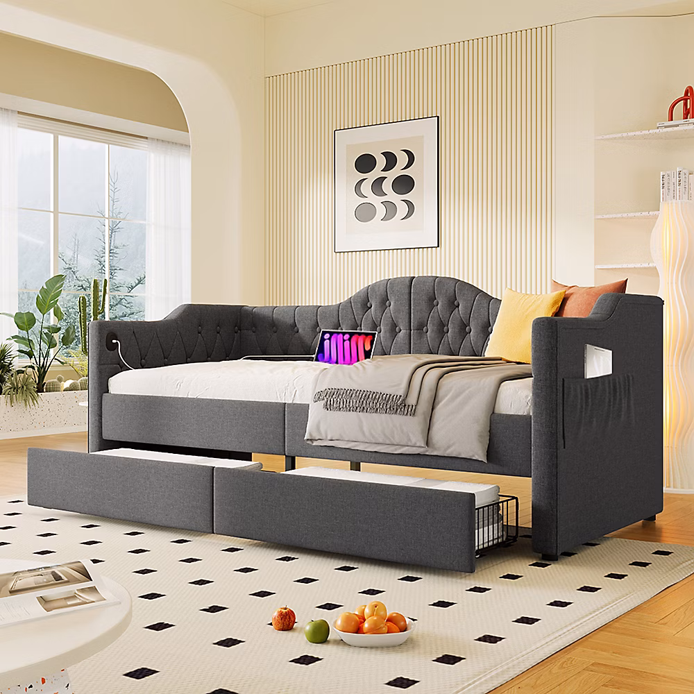 Canapé-lit 90 × 200cm – gris, tiroirs et USB Type C