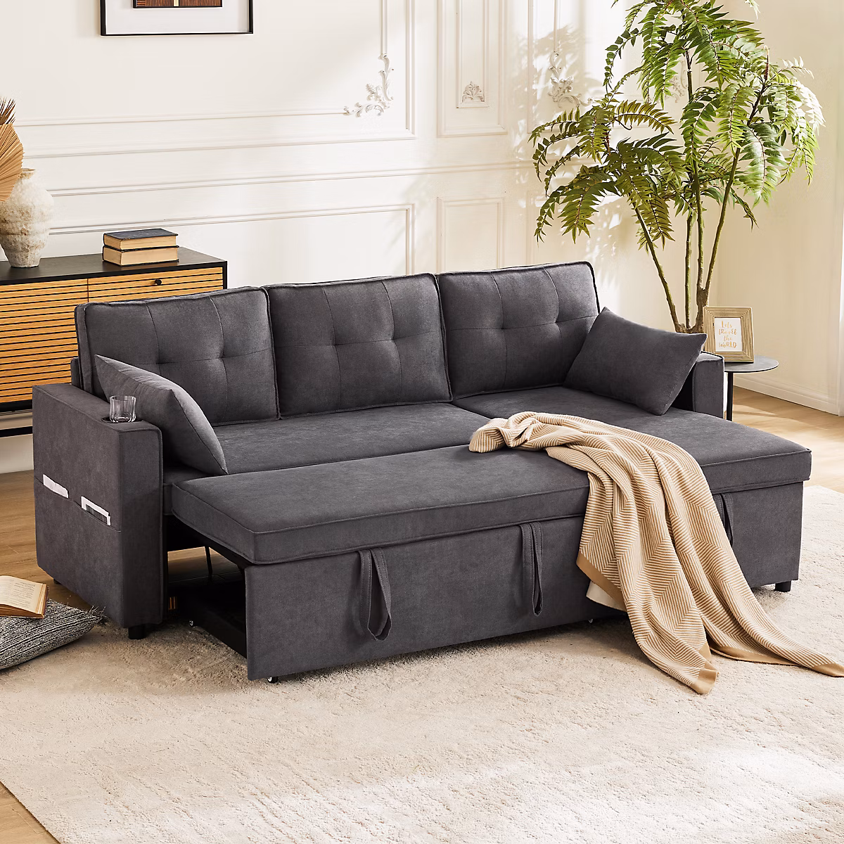Canapé Convertible 3 Places avec Méridienne Réversible – Rangement Intégré et Porte | Gobelet | Coussins Inclus | Lin Gris
