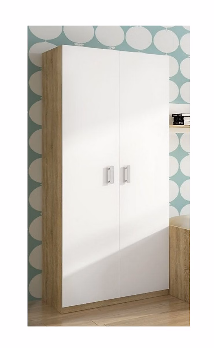 Armoire – meuble de rangement 2 portes coloris Chêne cambrian/Blanc, Longueur 90 x profondeur 50 x hauteur 199,4 cm