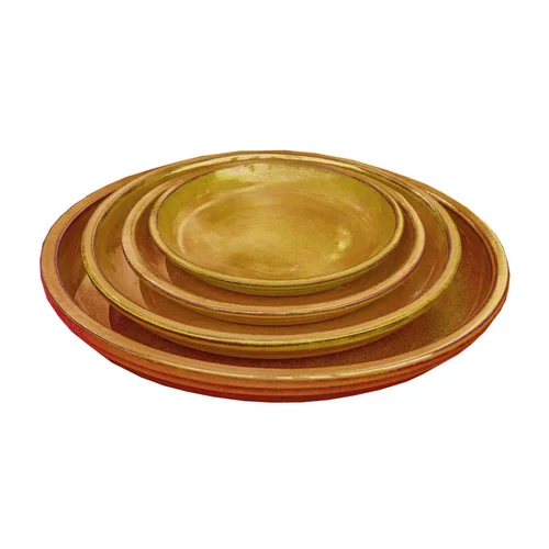 Choix au jardin：Soucoupe en terre cuite émaillée jaune miel Poterie du Bousquet Costa - Ø 32 x H 3,5 cm