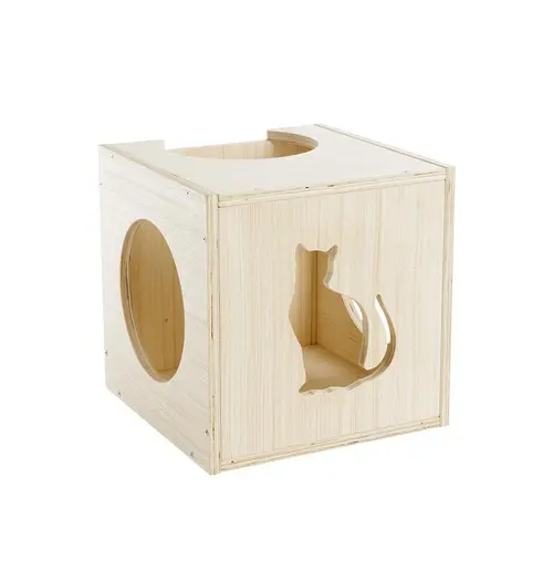 Extérieur nature：Arbre à chat coloris beige en bois mural cube - 33 x 30 x 33 cm