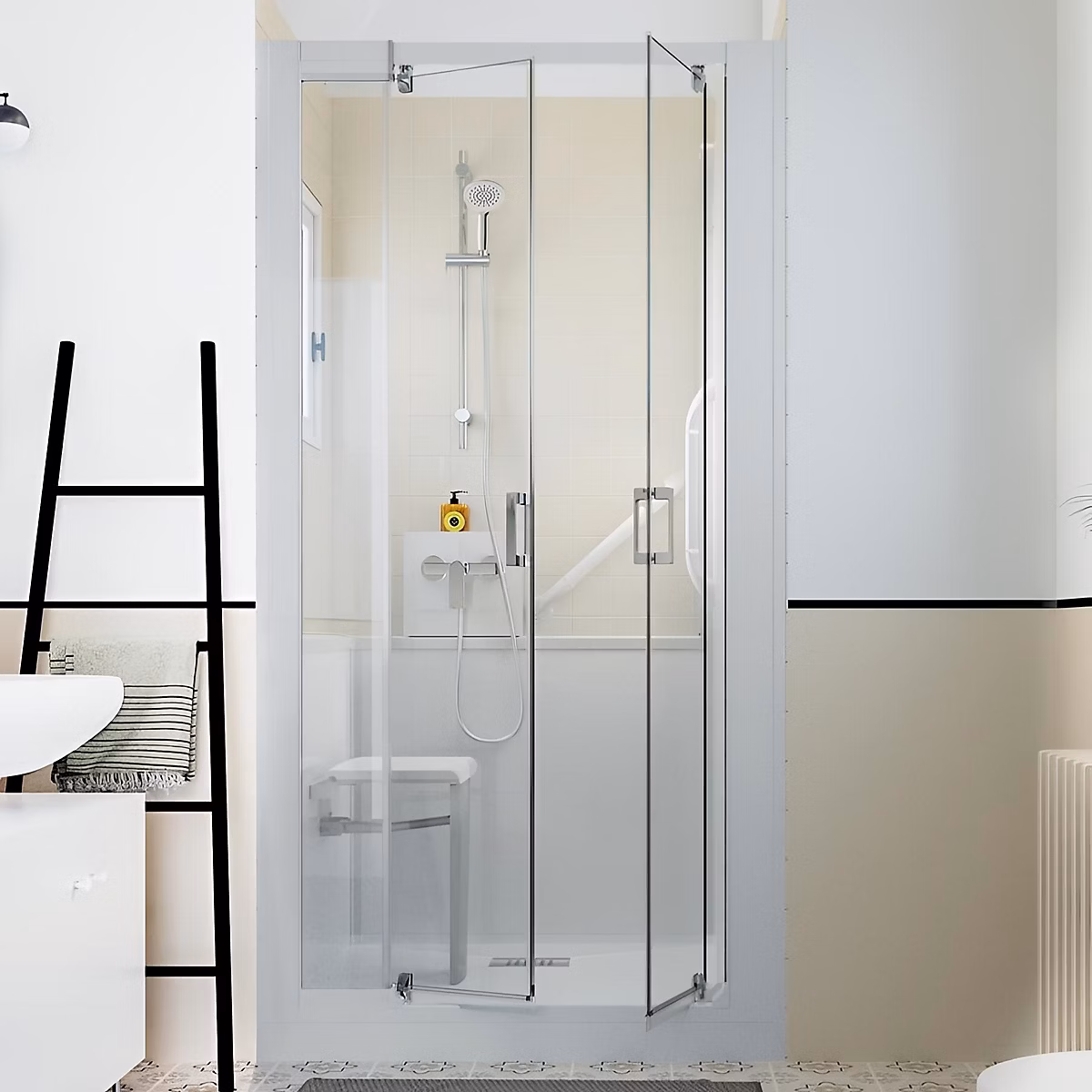 Cabine de douche Kinedo Kinemagic Design 100 × 90 niche haute pivotante verre transparent avec mitigeur