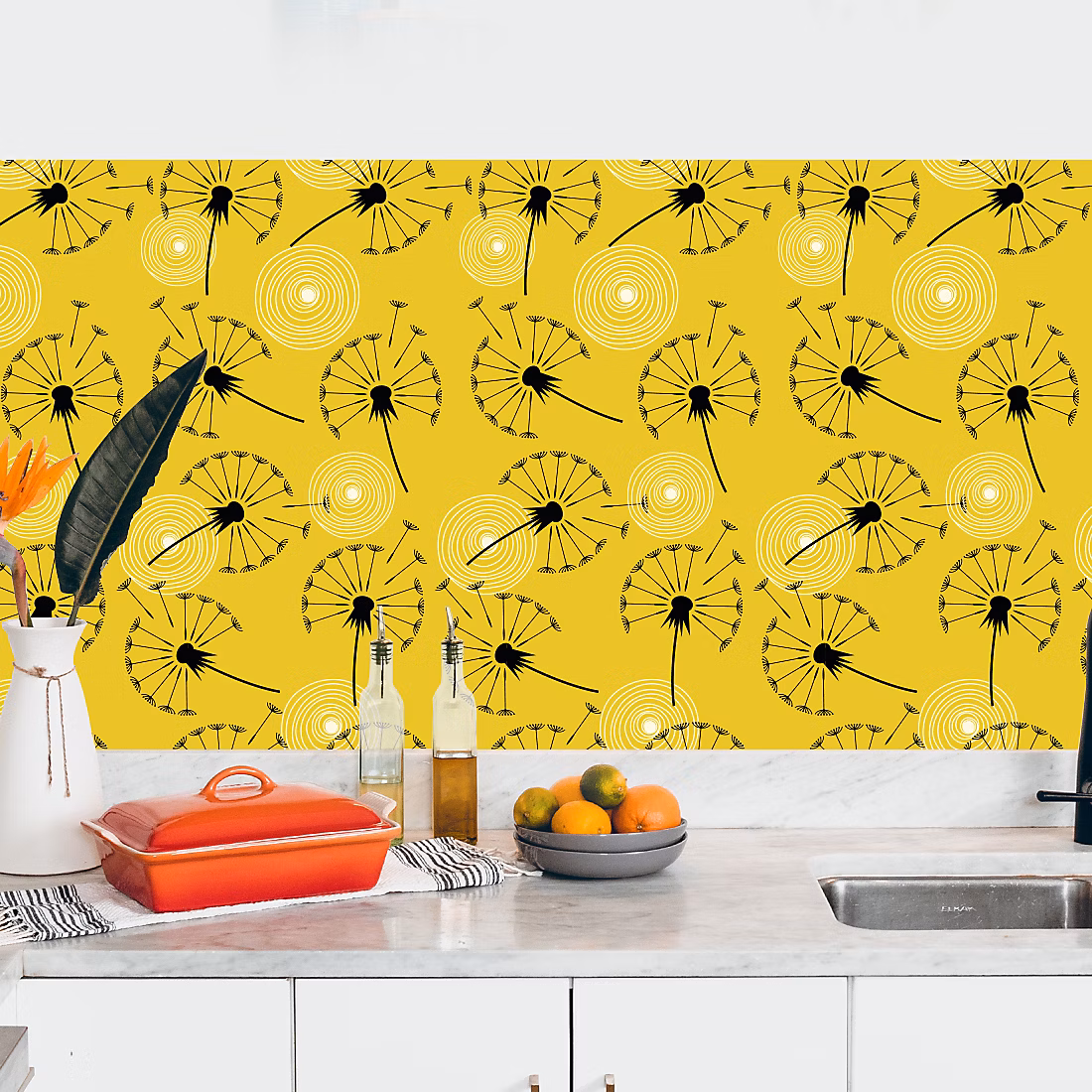 Crédence adhésive pissenlit fond jaune 60 × 300 cm