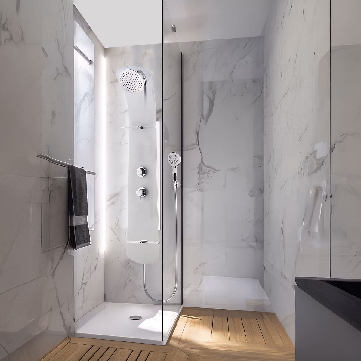 Colonne de douche thermostatique avec tablette – pomme de tête, douchette et flexible, blanc, Valentin Nautilus