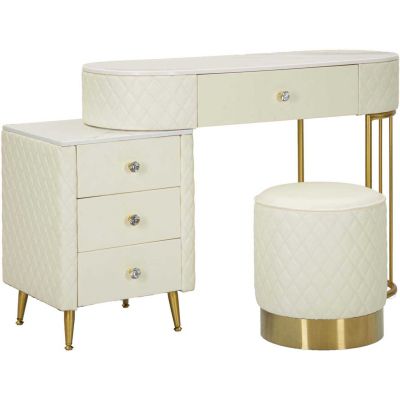 Coiffeuse effet matelassé avec tabouret Sharon (Blanc et doré)