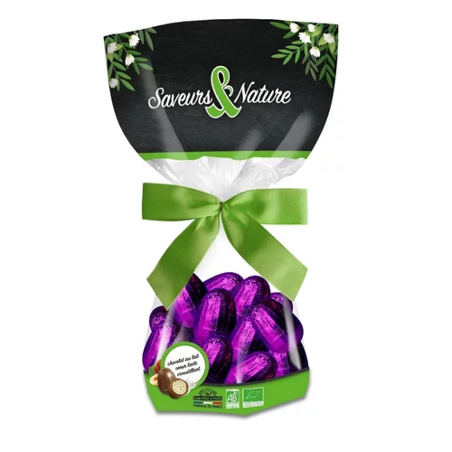 L’essentiel pour le jardin：Sachet d’œufs enrobés de chocolat au lait bio cœur fondant Saveur & Nature - 150 g