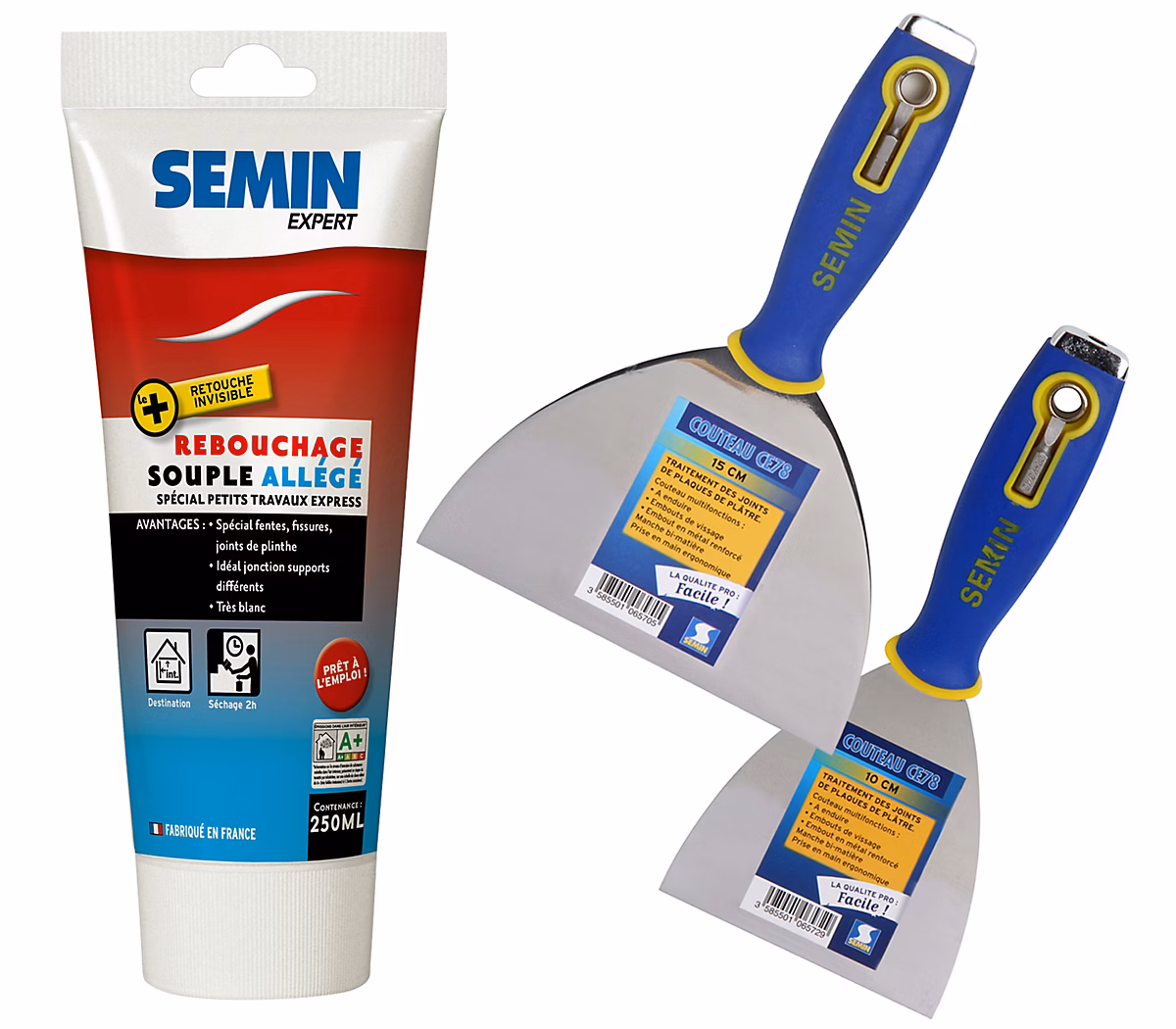 Enduit de Rebouchage Allégé Semin – Intérieur, Tube de 250 ml (115g), Blanc, 1 couteau à enduire 10 et 15 cm