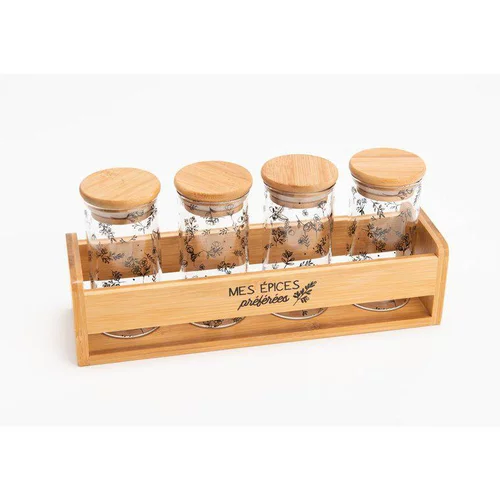 Essentiel extérieur:Support en bambou et 4 pots épices coloris transparent en verre - 8 x 11,5 x 25,8 cm