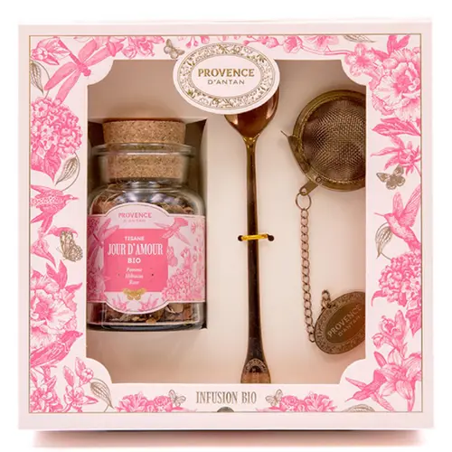 Confort pour le jardin：Coffret tisane jour d’amour bio avec boule à infusion et cuillère Provence d’antan - 45 g