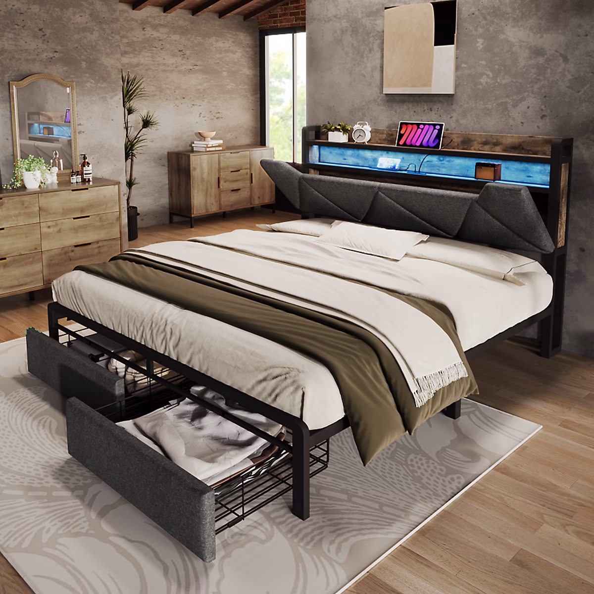 Canapé lit 140 × 200 cm tete de lit coffre avec LED et station USB C structure metal et tissu lin gris