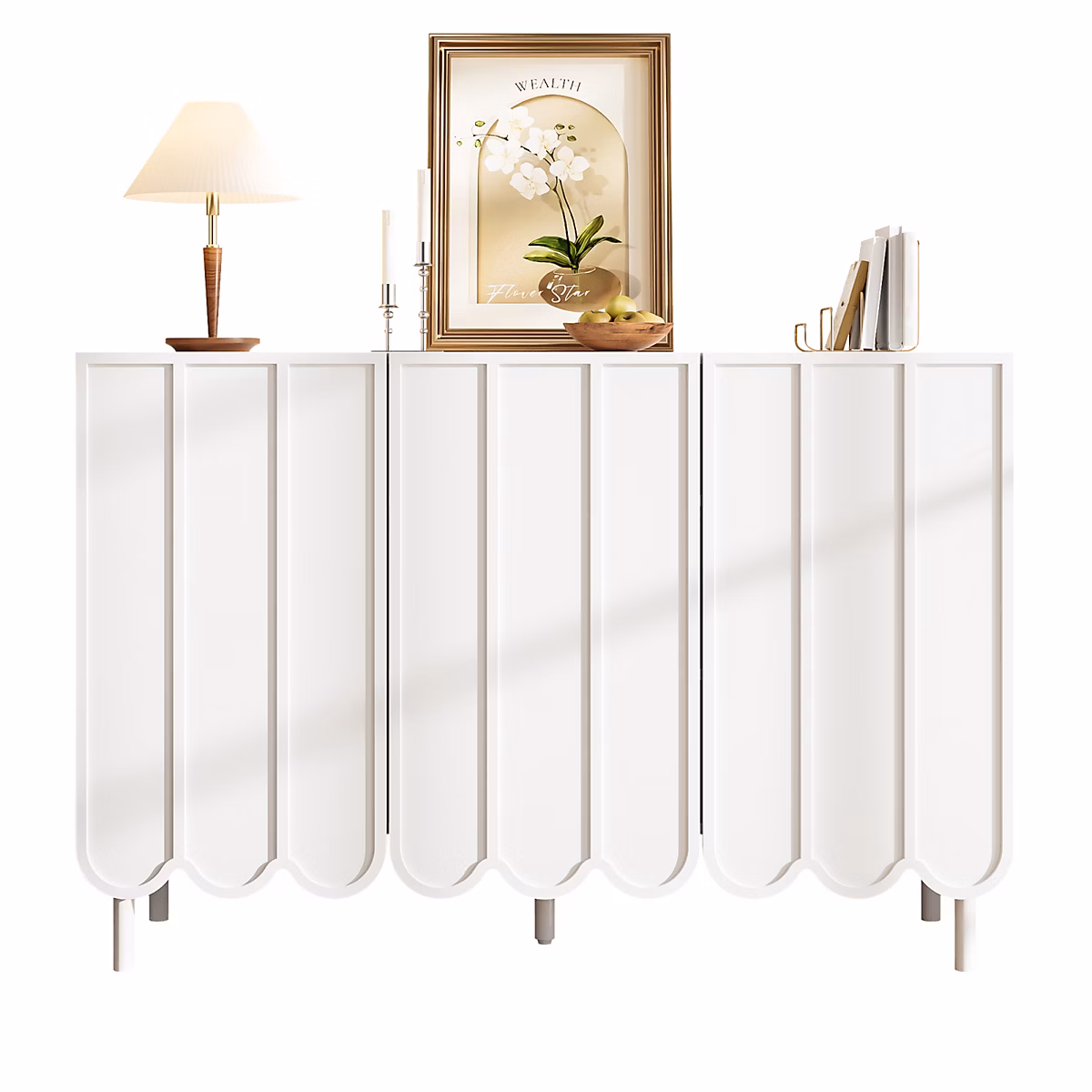 Buffet Blanc Moderne Avec Portes Ondulées – 120 × 35 × 80 Cm, Sans Poignées, Étagères Réglables