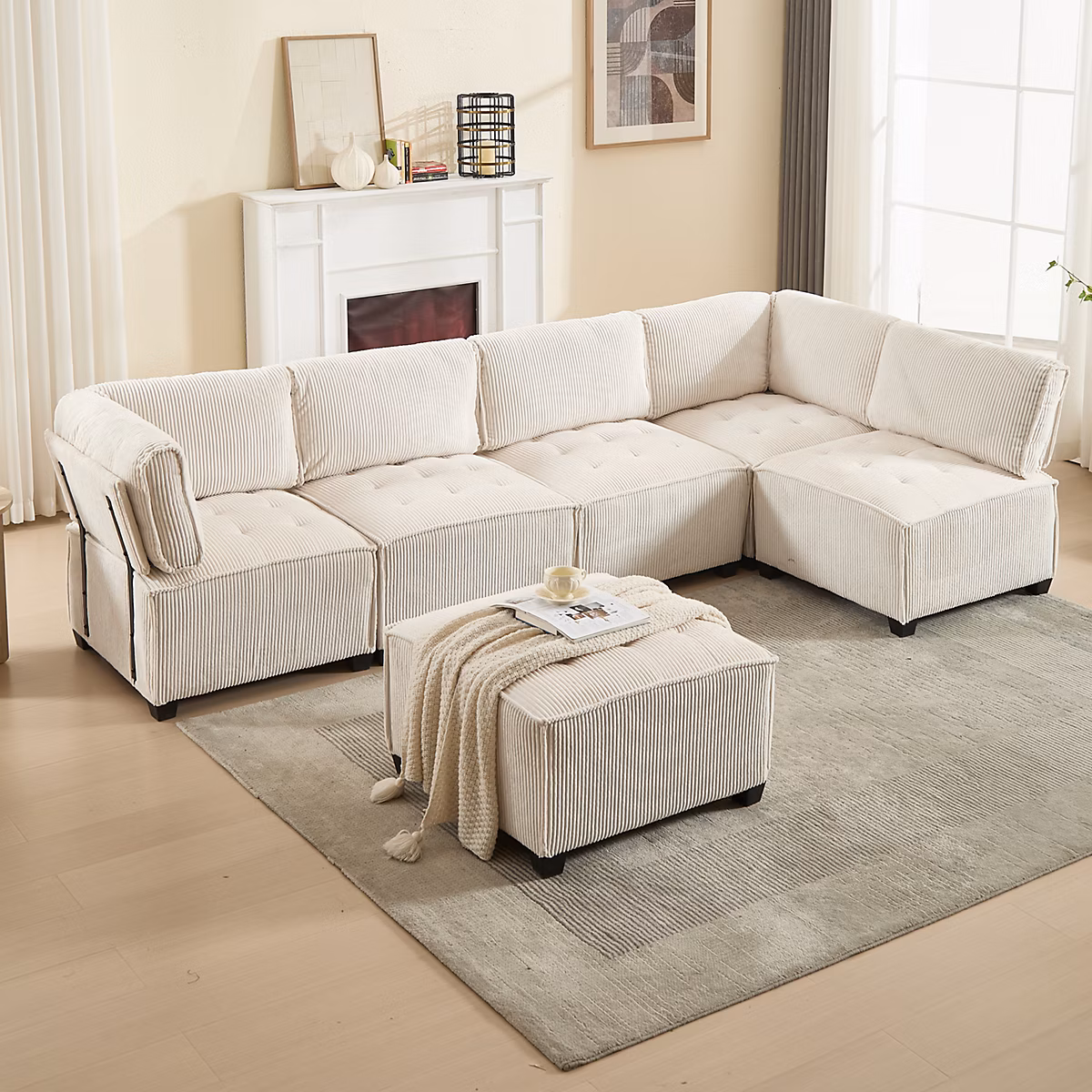 Canapé modulable 6 places 308 × 154 × 81 – 99 cm convertible en U ou L, velours côtelé beige, structure métal-bois