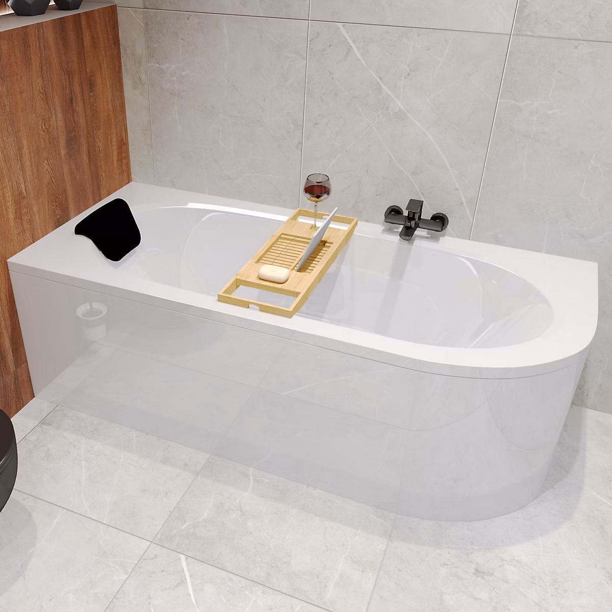 Baignoire asymétrique 170 x 75 Gauche AVITA acrylique blanc – sans Habillage + Étagère bambou + Pieds + Vidage à chromé