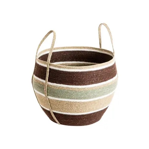 Extérieur plaisir:Panière ronde rayée multicolore avec anses en osier grand modèle - Ø 49 x H 36 cm