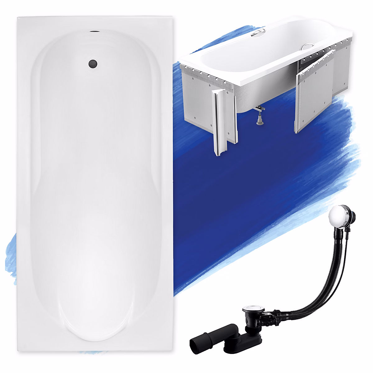 Baignoire rectangulaire 180 × 80 BONA acrylique blanc + Habillage en polystyrène + Pieds + Vidage à chromé