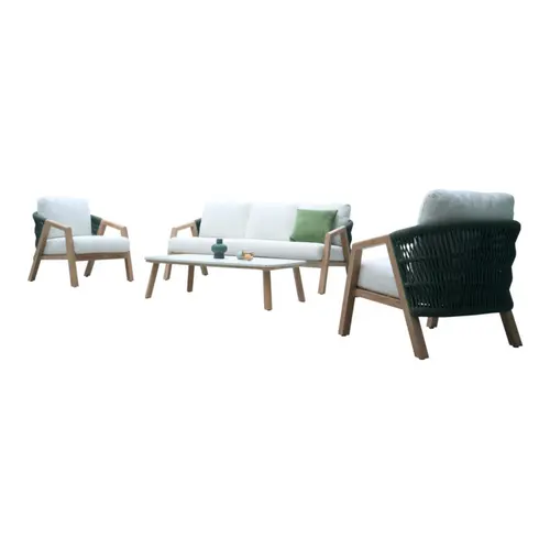 Facile à intégrer au jardin:Salon de jardin en aluminium et corde coloris vert Batz - 4 éléments (canapé, table basse et deux fauteuils)