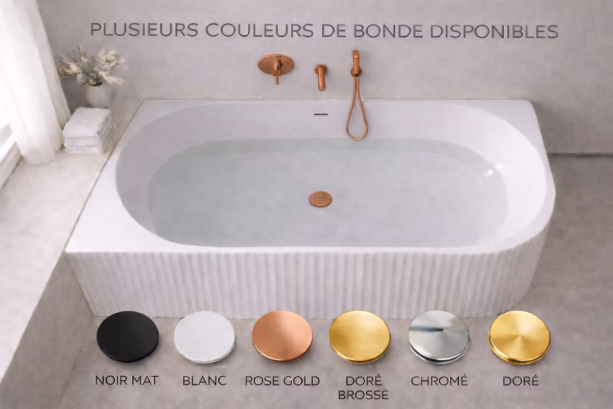 Baignoire d'angle gauche | 150 × 75 cm – Blanc brillant rainure avec bonde cuivre – PERLE