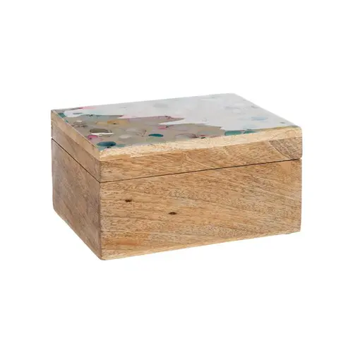 Jardin passion:Boîte en bois de manguier à décor floral pêche petit modèle - 12,5 x 7,5 x 5 cm